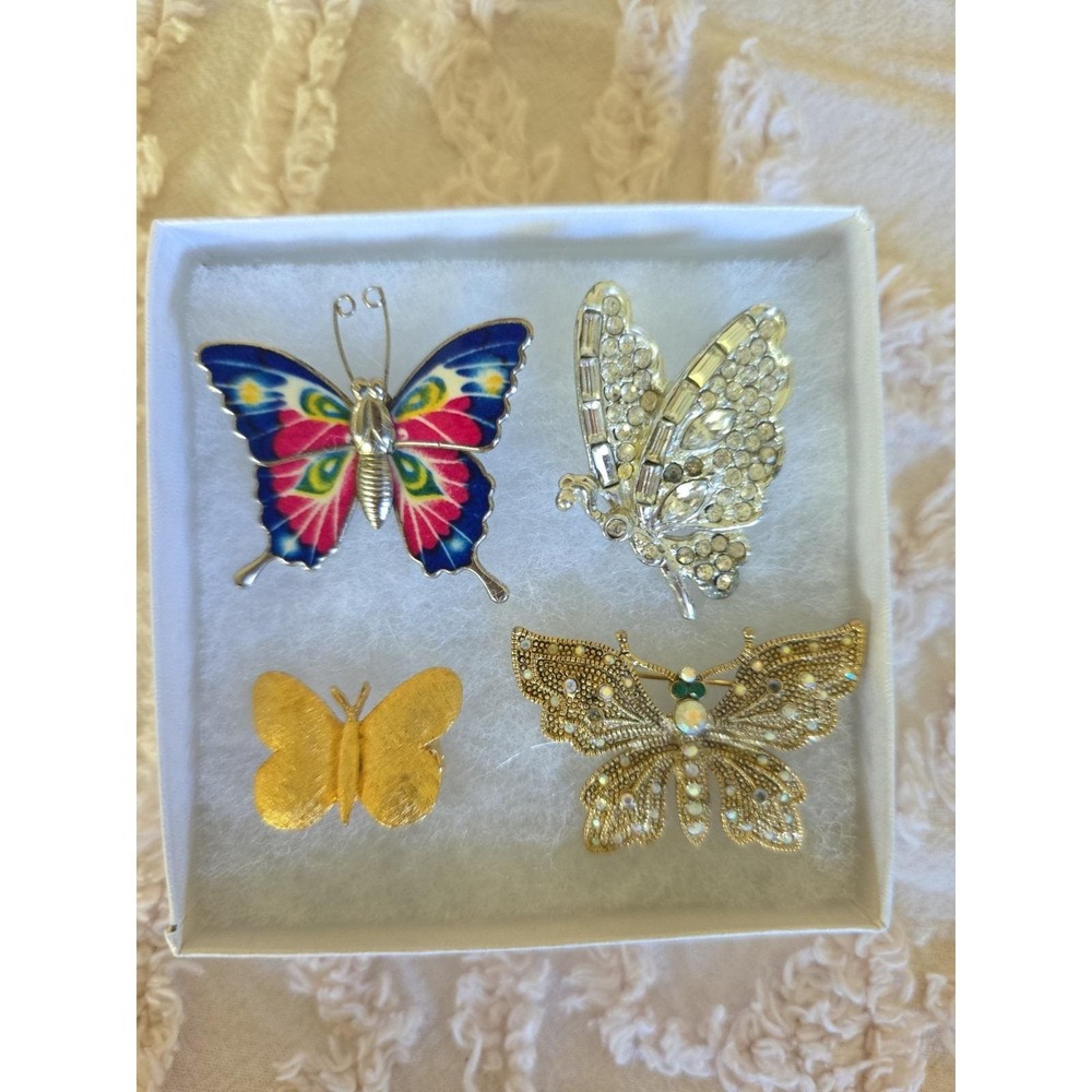 Lot of 4 Butterfly Brooch Pins Enamel Rhinestone Gold Tone Vintage Style Jewelry